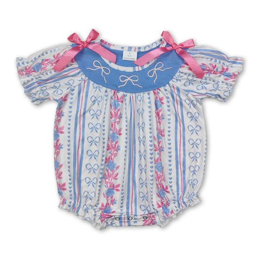 Short sleeves stripe light blue bow floral baby girls romper