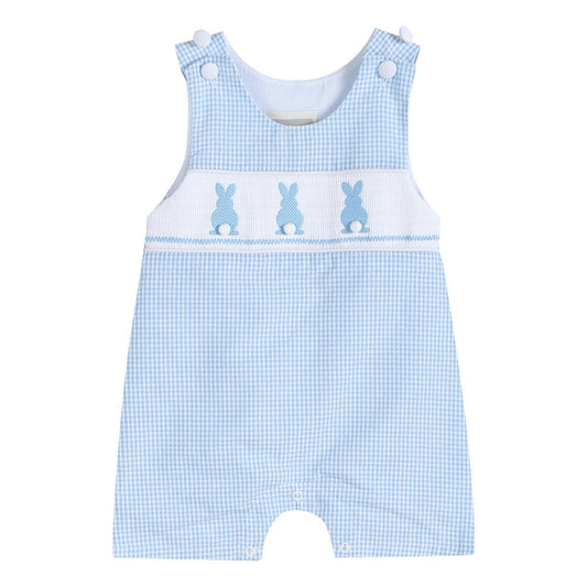 Blue Gingham Easter Bunny Smocked Shortalls: 2T