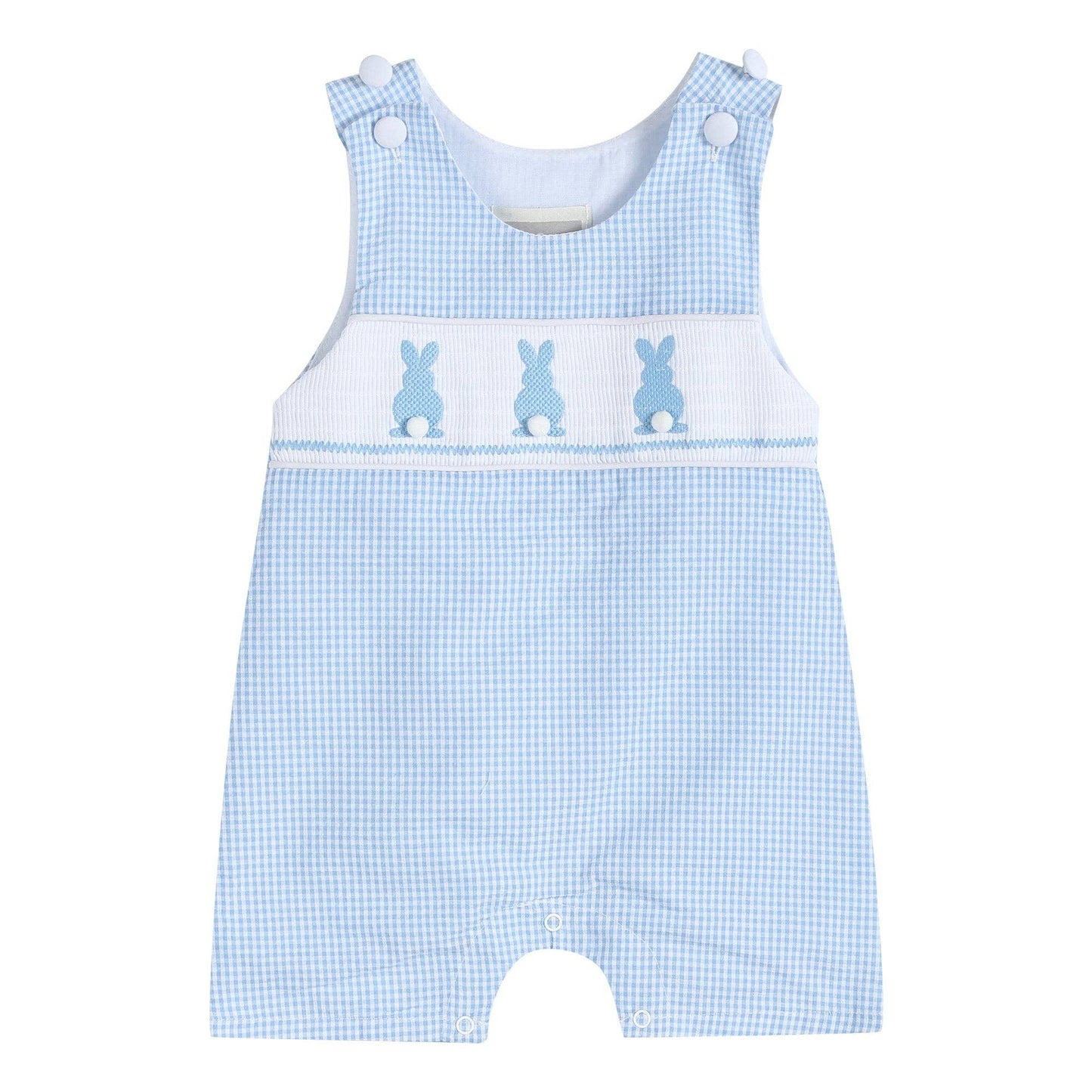 Blue Gingham Easter Bunny Smocked Shortalls: 6-12M