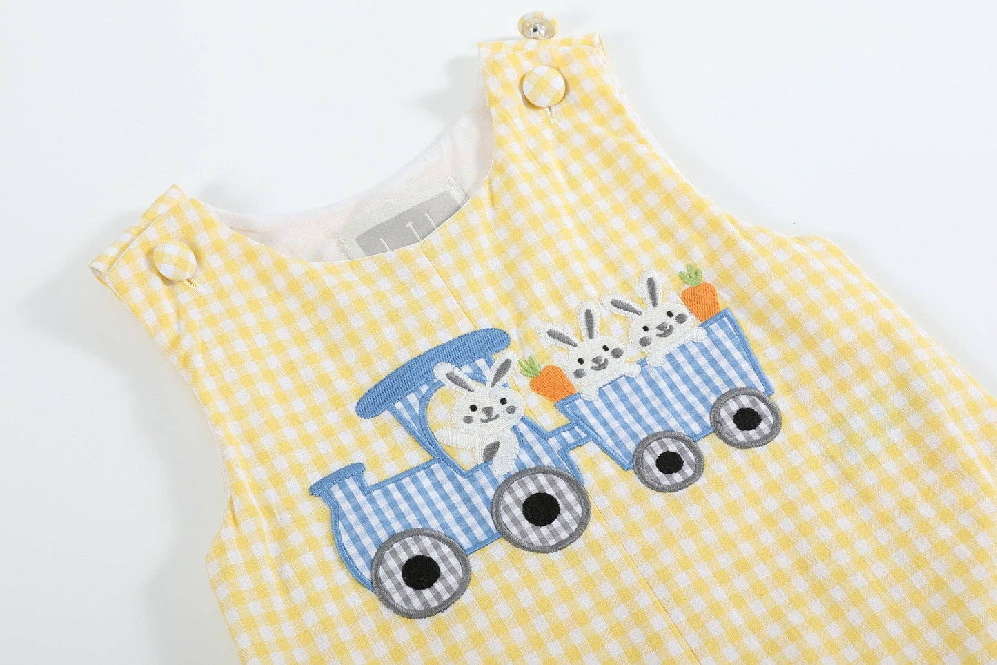 Yellow Gingham Bunny Train Shortalls