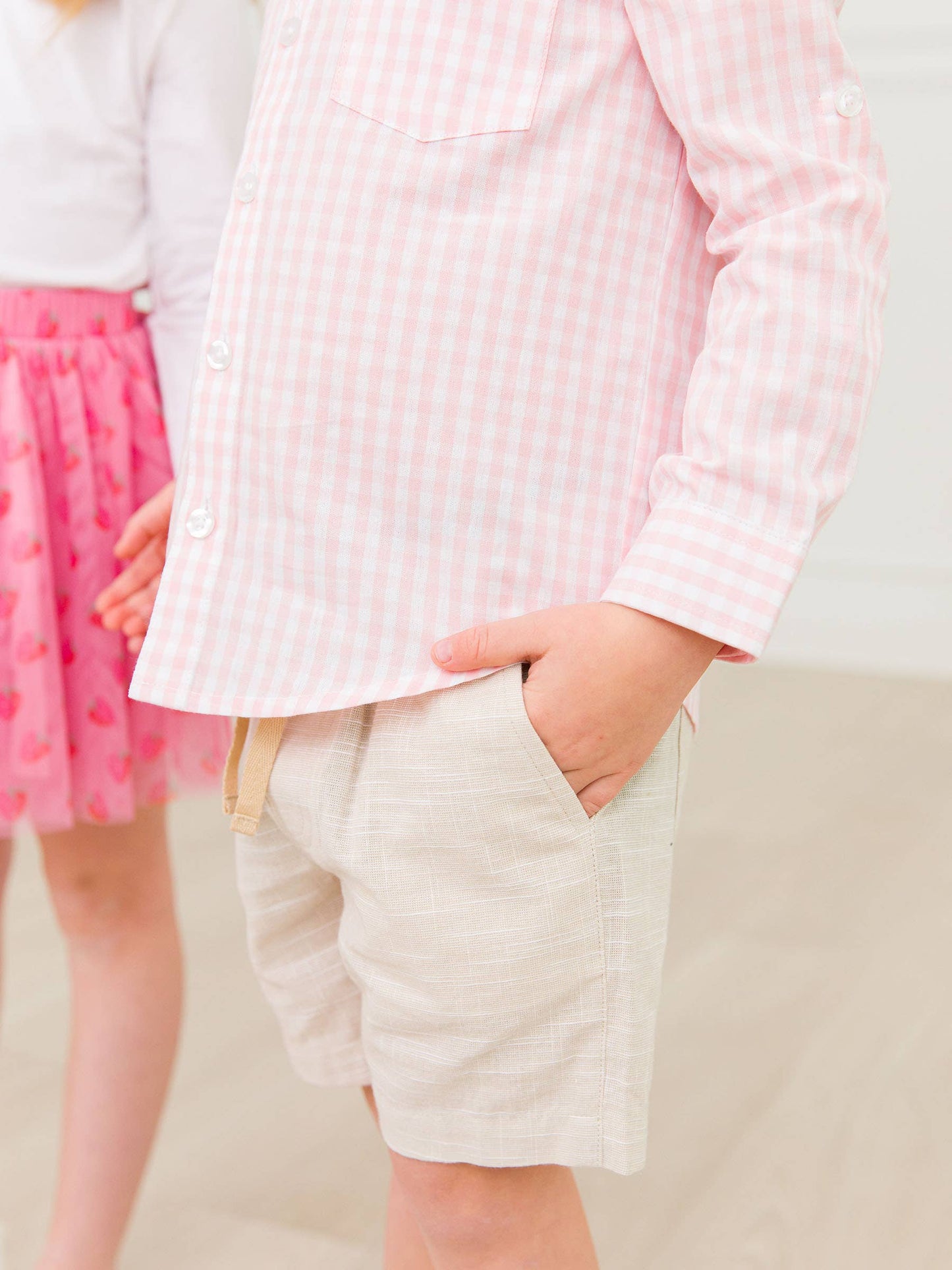 Boys Pink Gingham Check Long Sleeve Button Down: Pink