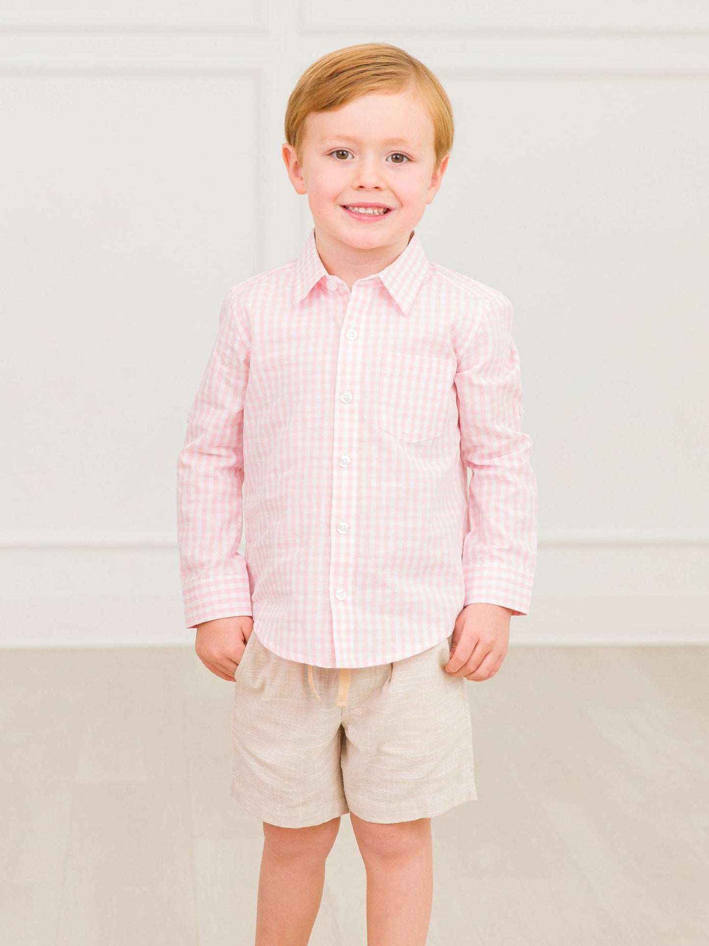 Boys Pink Gingham Check Long Sleeve Button Down: Pink