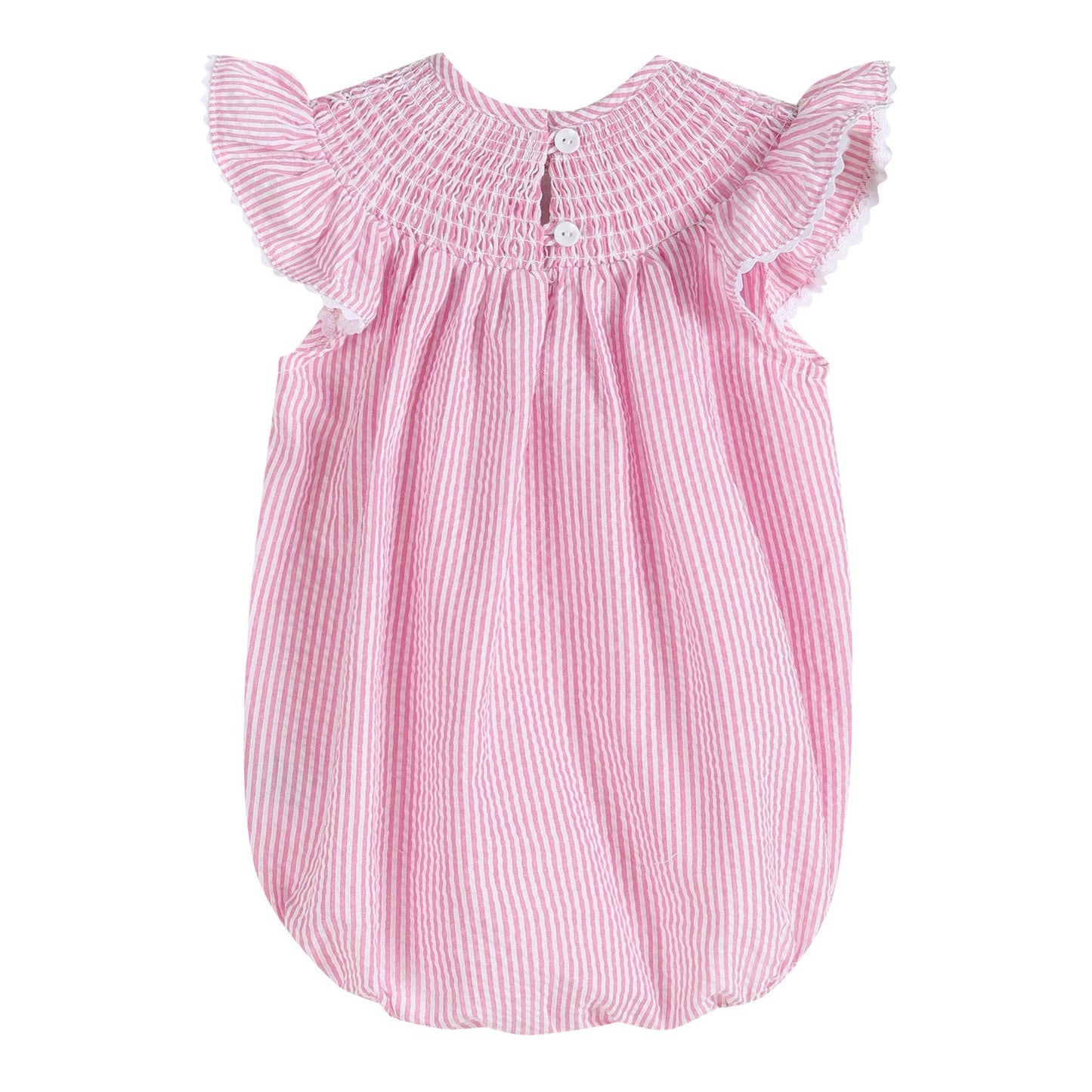 Pink Seersucker Running Bunnies Smocked Flutter Romper: 2T