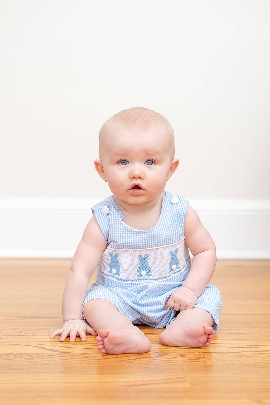 Blue Gingham Easter Bunny Smocked Shortalls: 6-12M