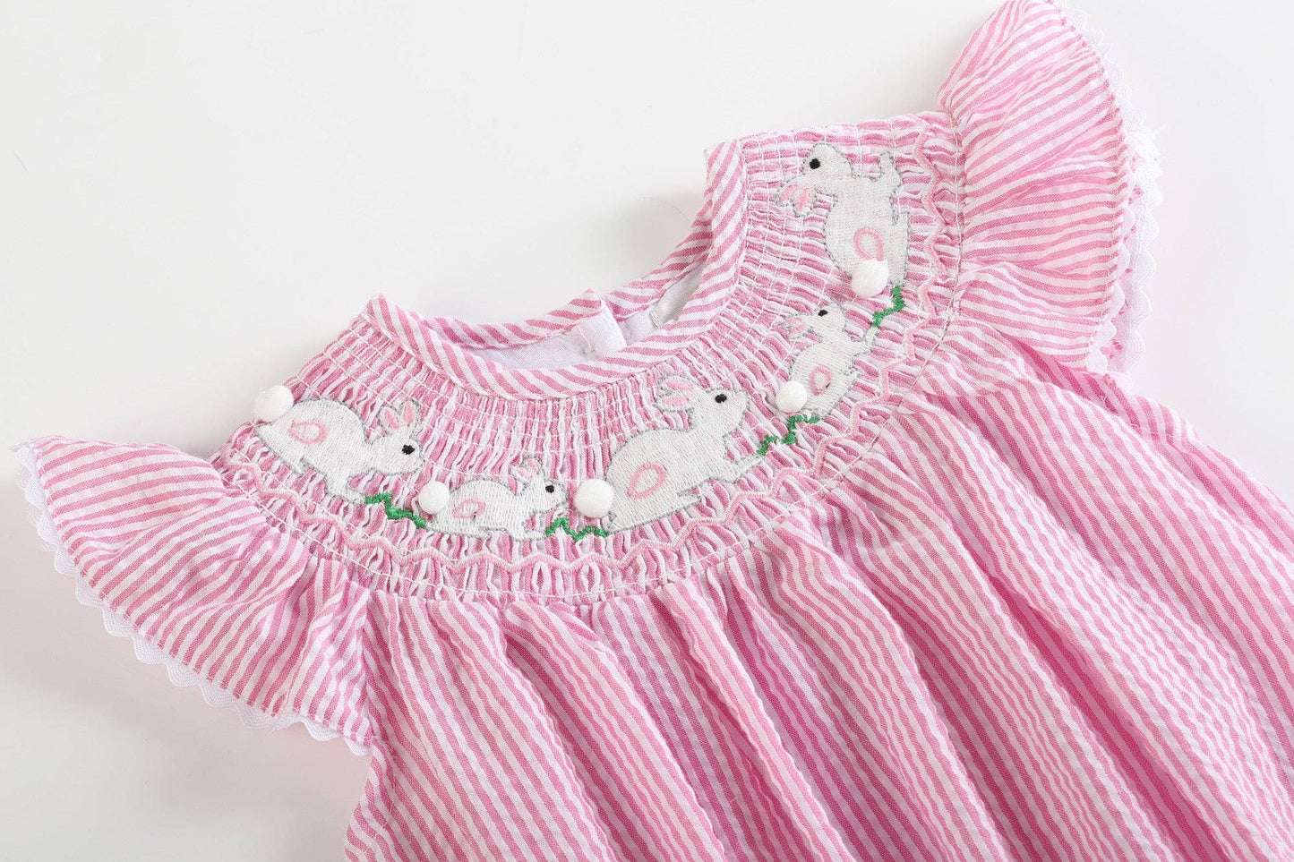 Pink Seersucker Running Bunnies Smocked Flutter Romper: 2T