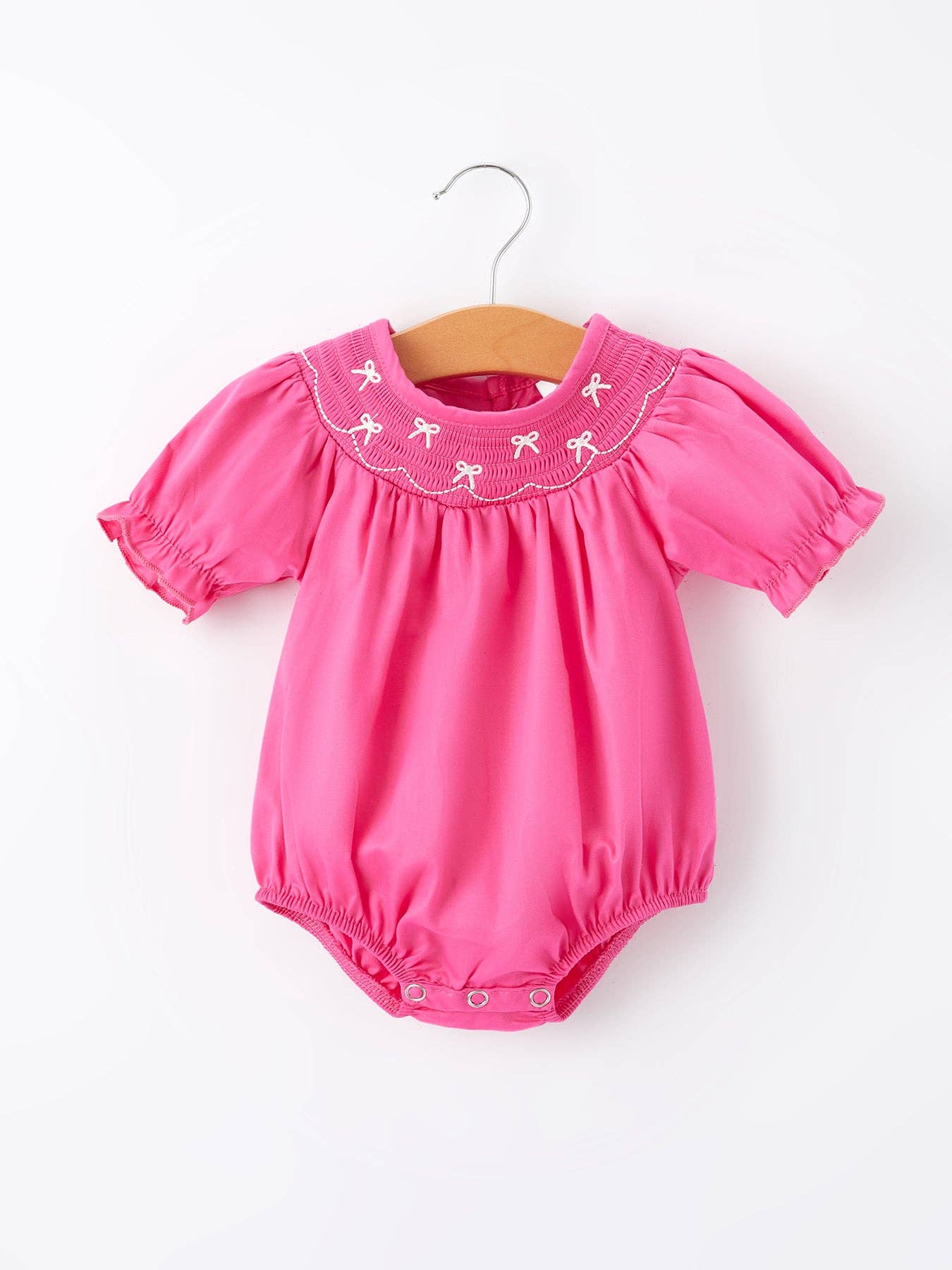 Girls Bow Smocking Embroidery Hot Pink Romper