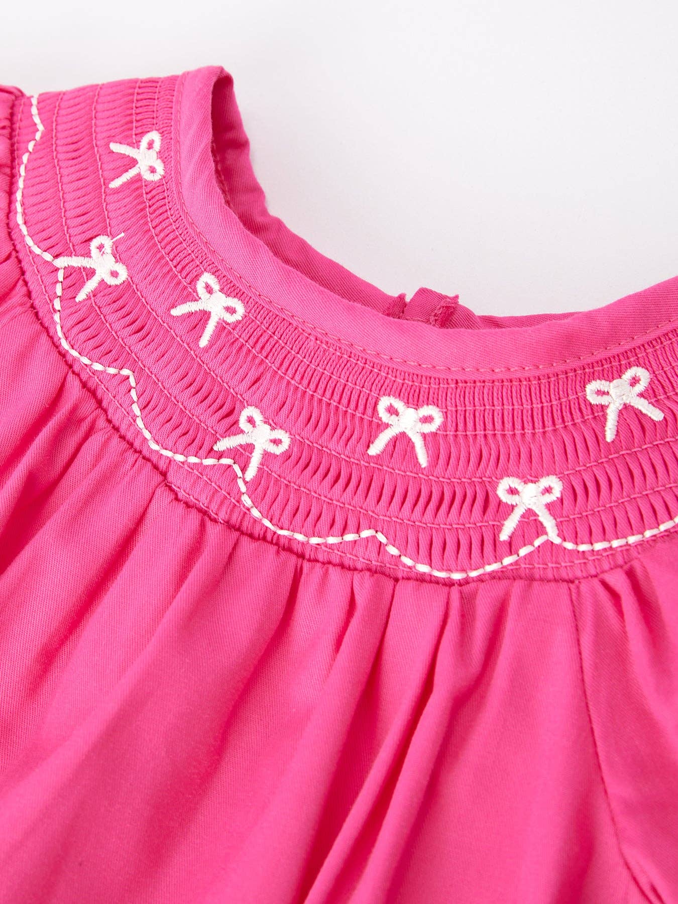 Girls Bow Smocking Embroidery Hot Pink Romper