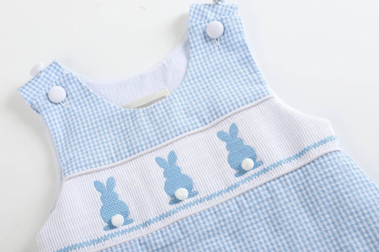 Blue Gingham Easter Bunny Smocked Shortalls: 2T