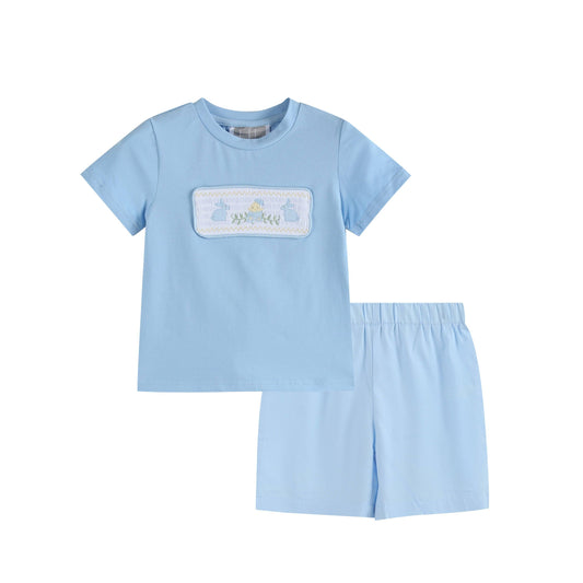 Light Blue Easter Smocked T-Shirt and Shorts Set