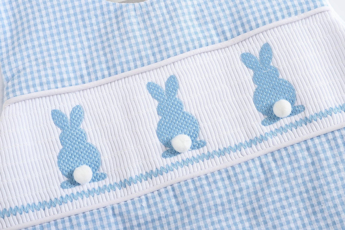 Blue Gingham Easter Bunny Smocked Shortalls: 6-12M