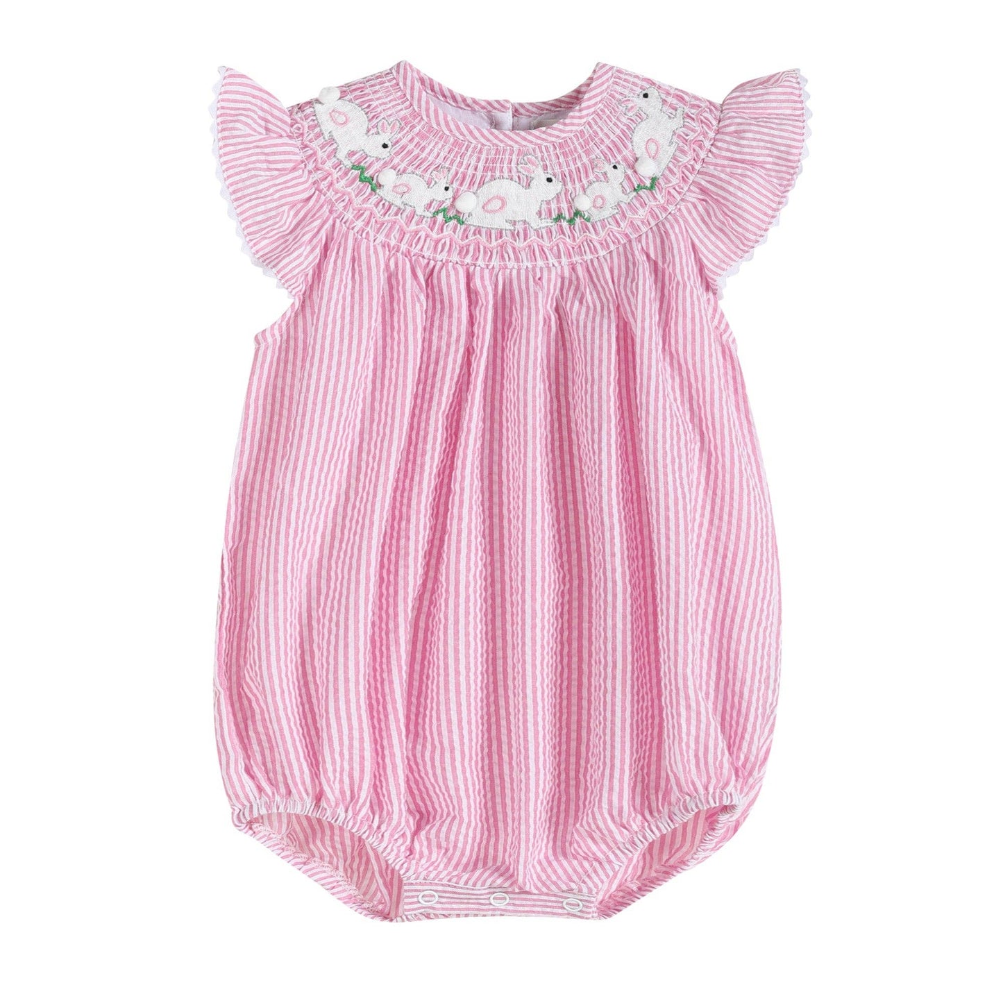 Pink Seersucker Running Bunnies Smocked Flutter Romper: 2T