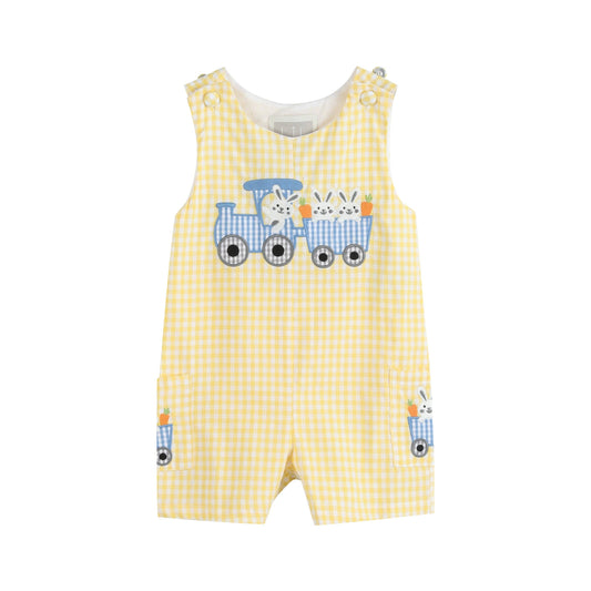 Yellow Gingham Bunny Train Shortalls: 2T