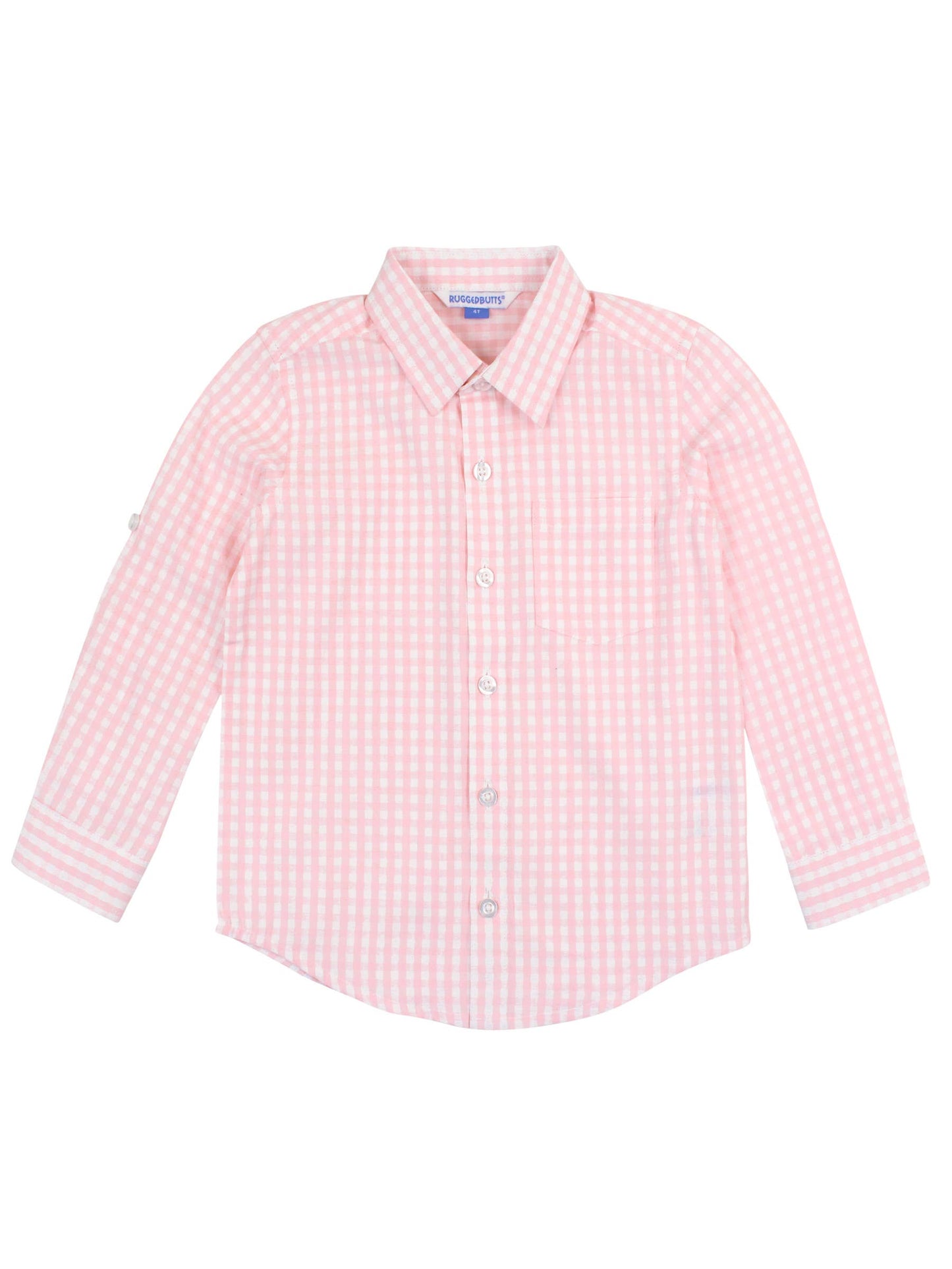 Boys Pink Gingham Check Long Sleeve Button Down: Pink